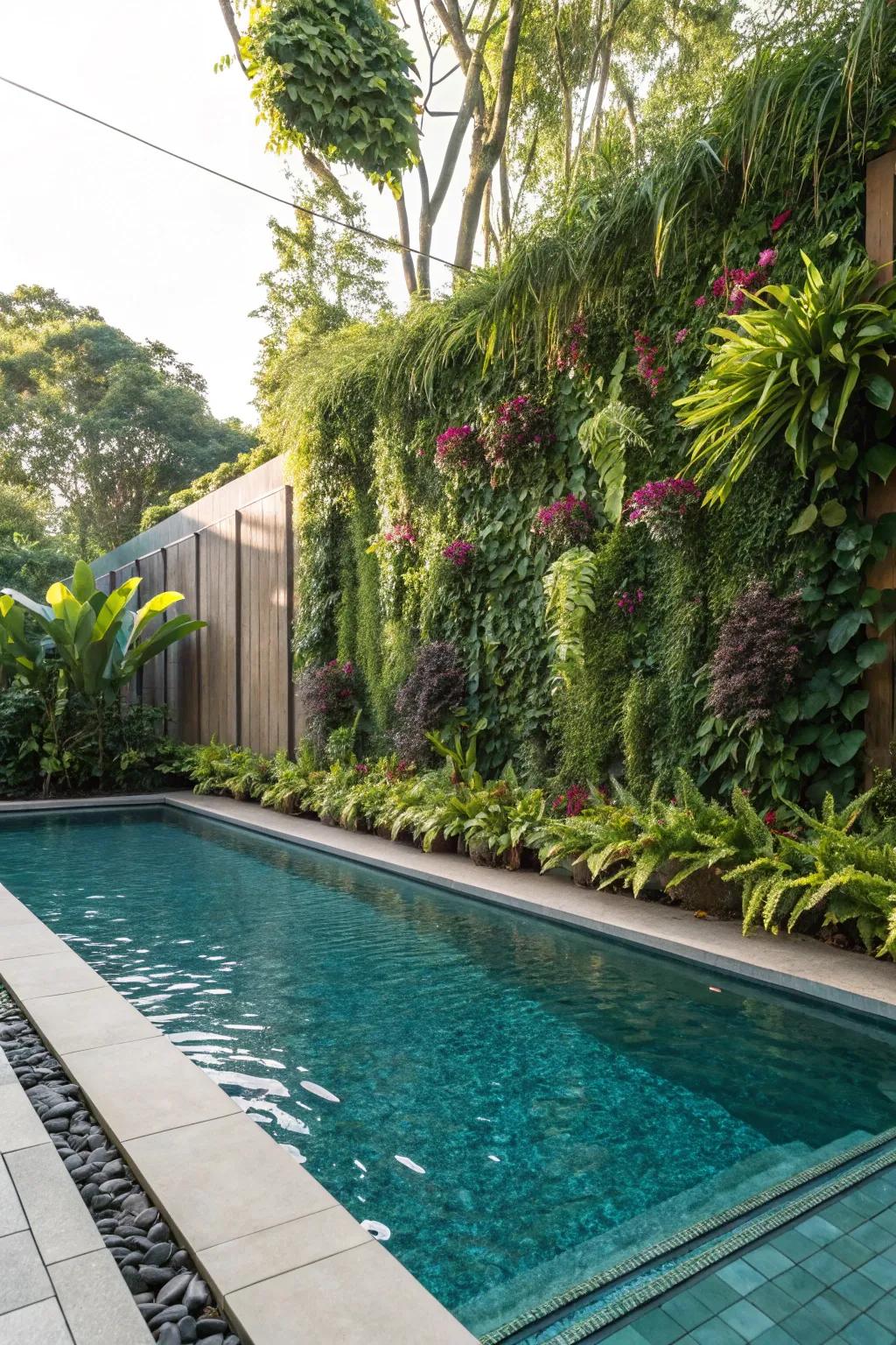 Vertical gardens furnish verdant foliage in constricted expanse.