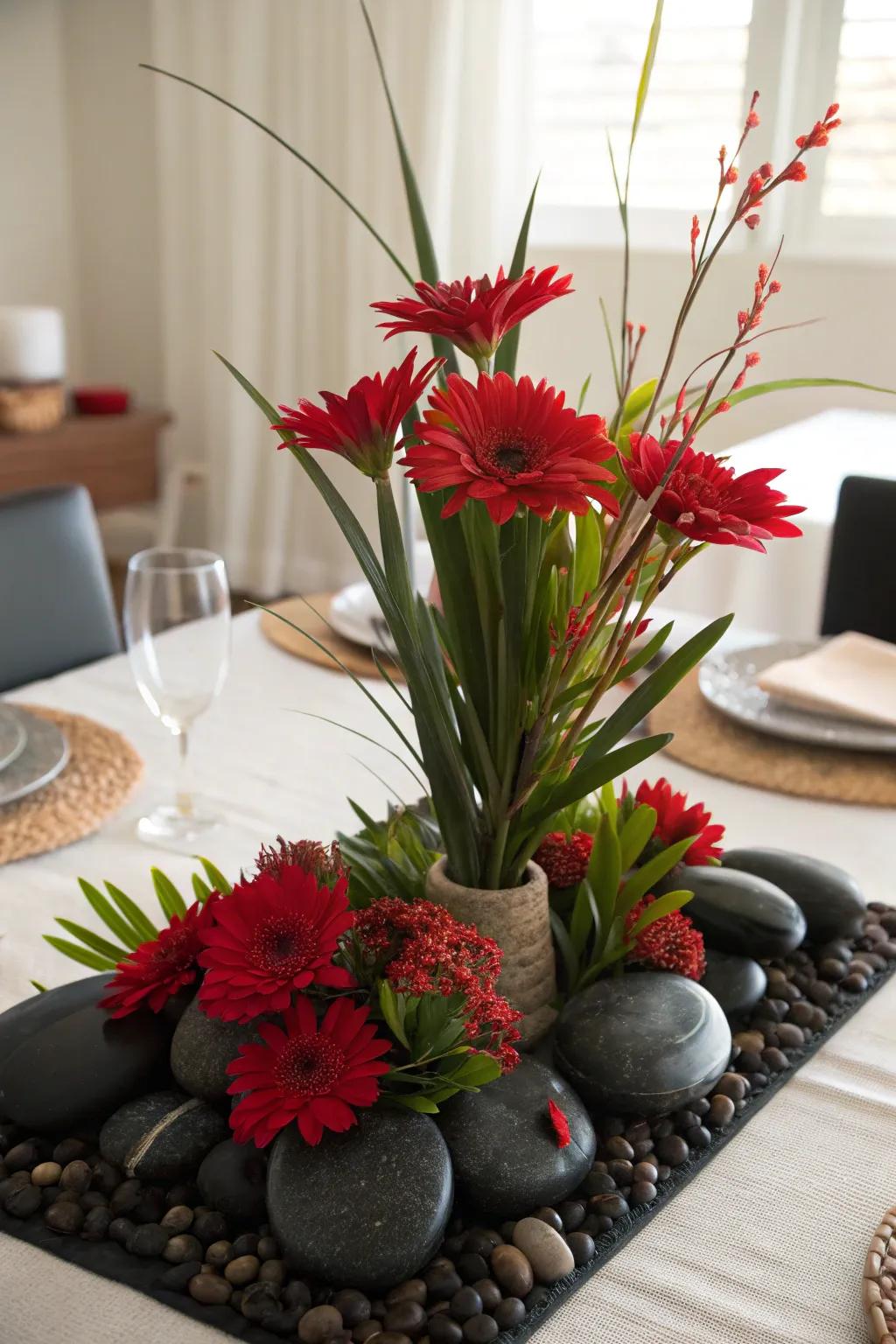 A natural centerpiece exhibiting dark stones as well as scarlet flowers patterned to represent organic elegance.