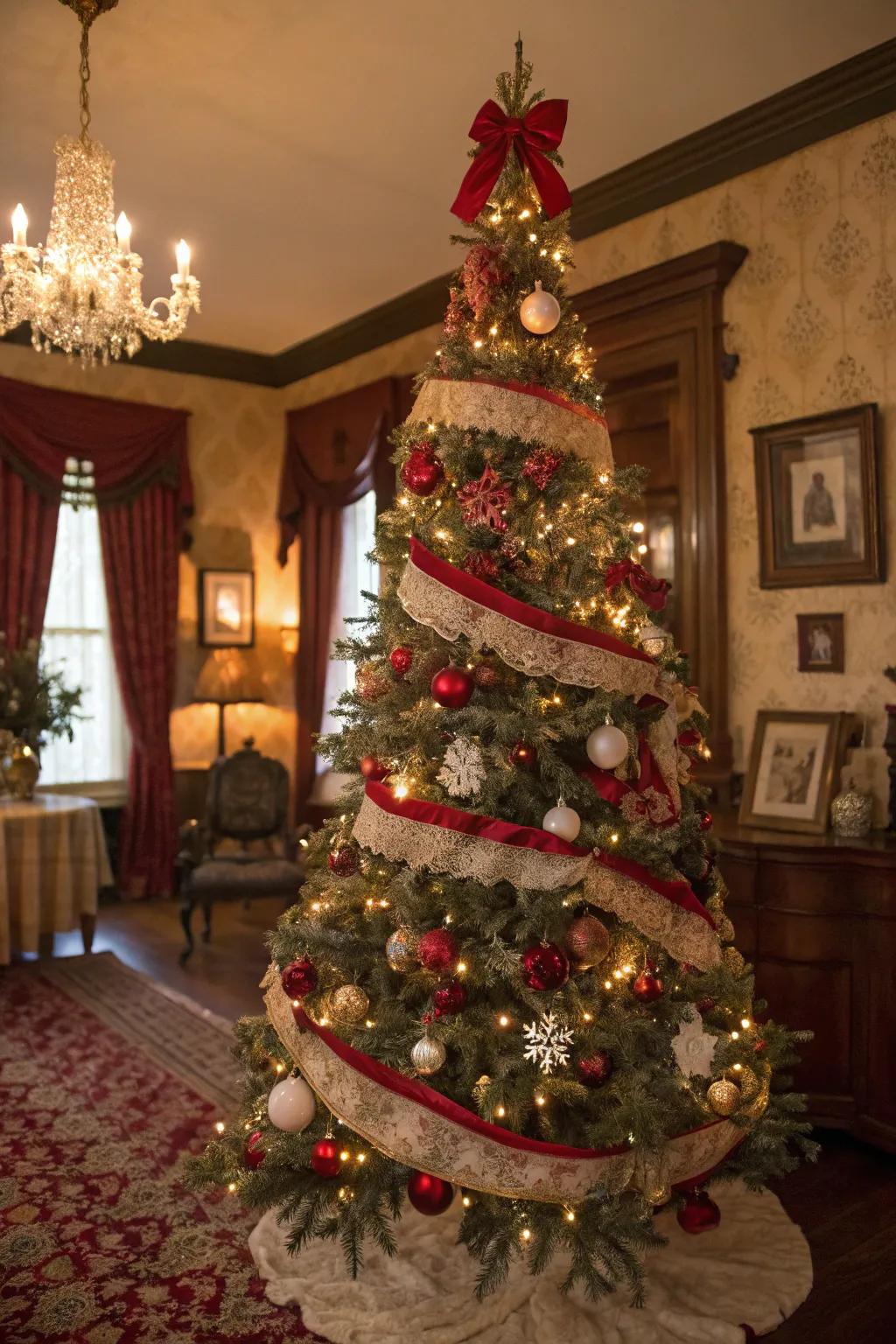 Victorian Christmas tree featuring scarlet and cream highlights