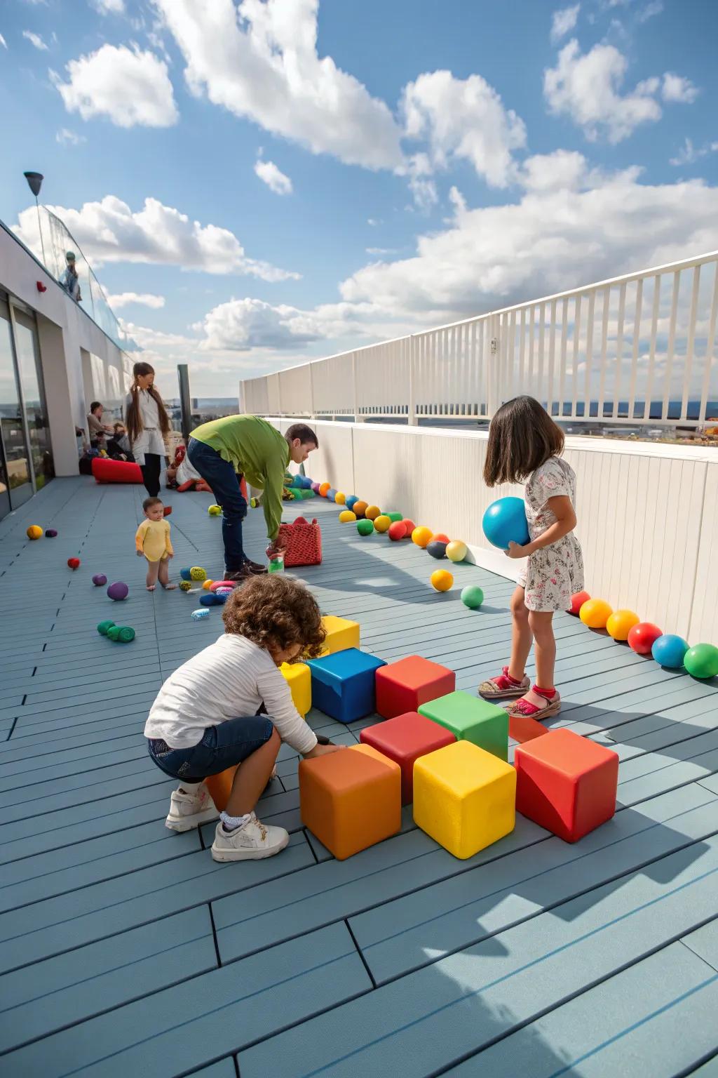 Construct a secure and delightful recreational sector for children on your rooftop deck, ensuring endless fun.