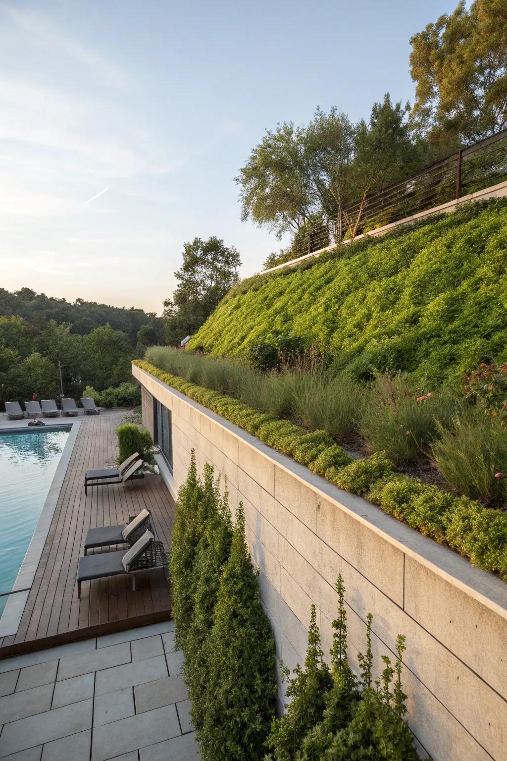 Eco-friendly green roof enhancing a retaining wall.