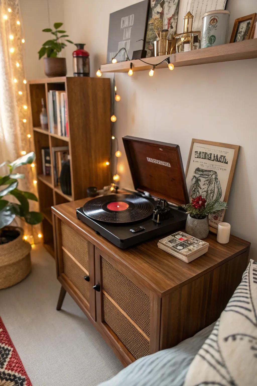 Vinyl record player introduces music and nostalgia.