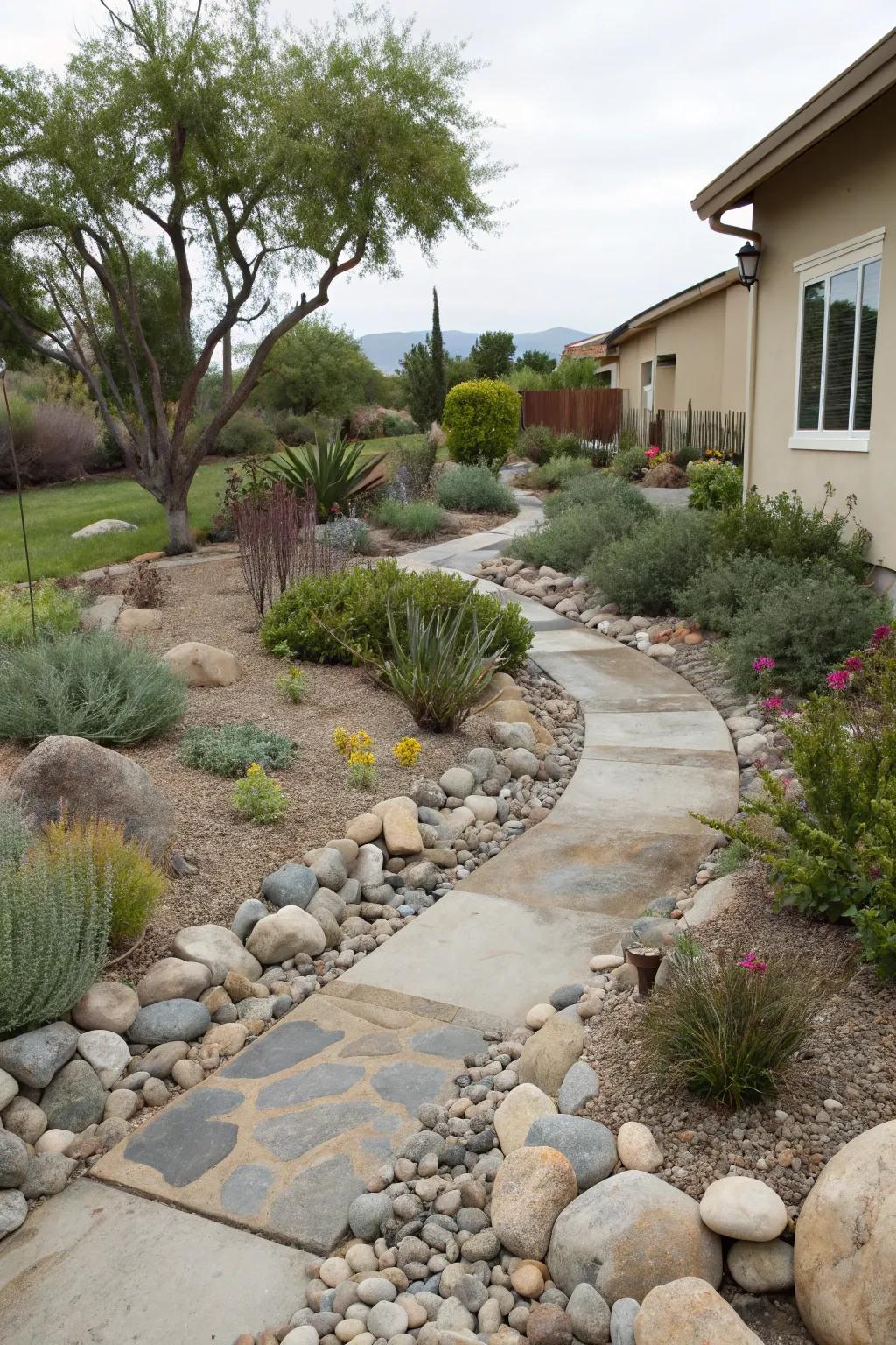 Shoreline stones and water-wise flora construct an eco-conscious xeriscape.