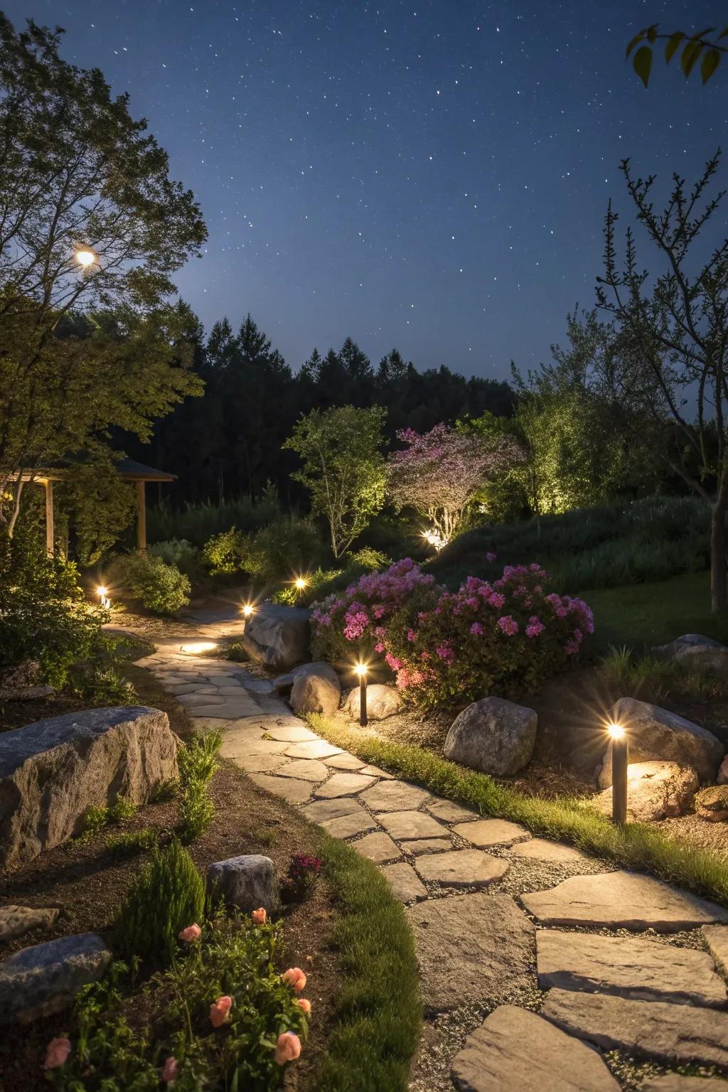 Illumination introduces evening enchantment to stone gardens.
