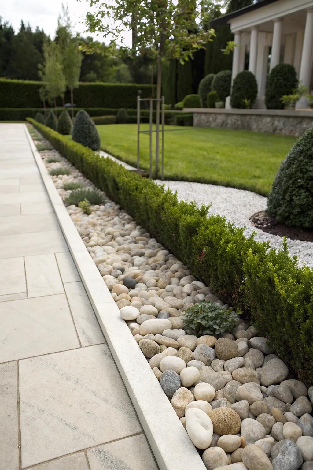 A minimalist garden border delineated by a solitary alignment of uniform stones.