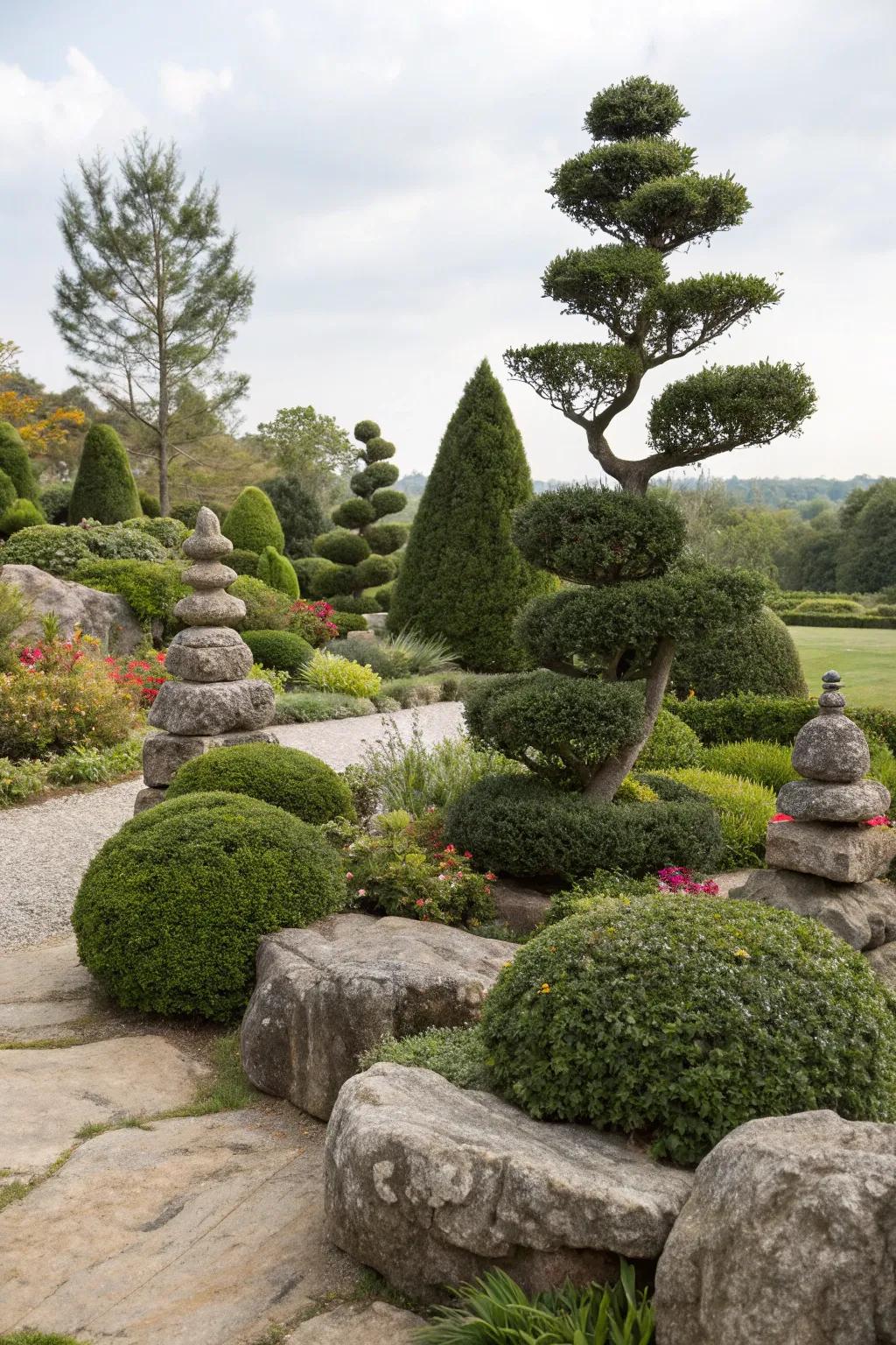 Artistic stone shapes injecting whimsy and gracefulness into a garden.