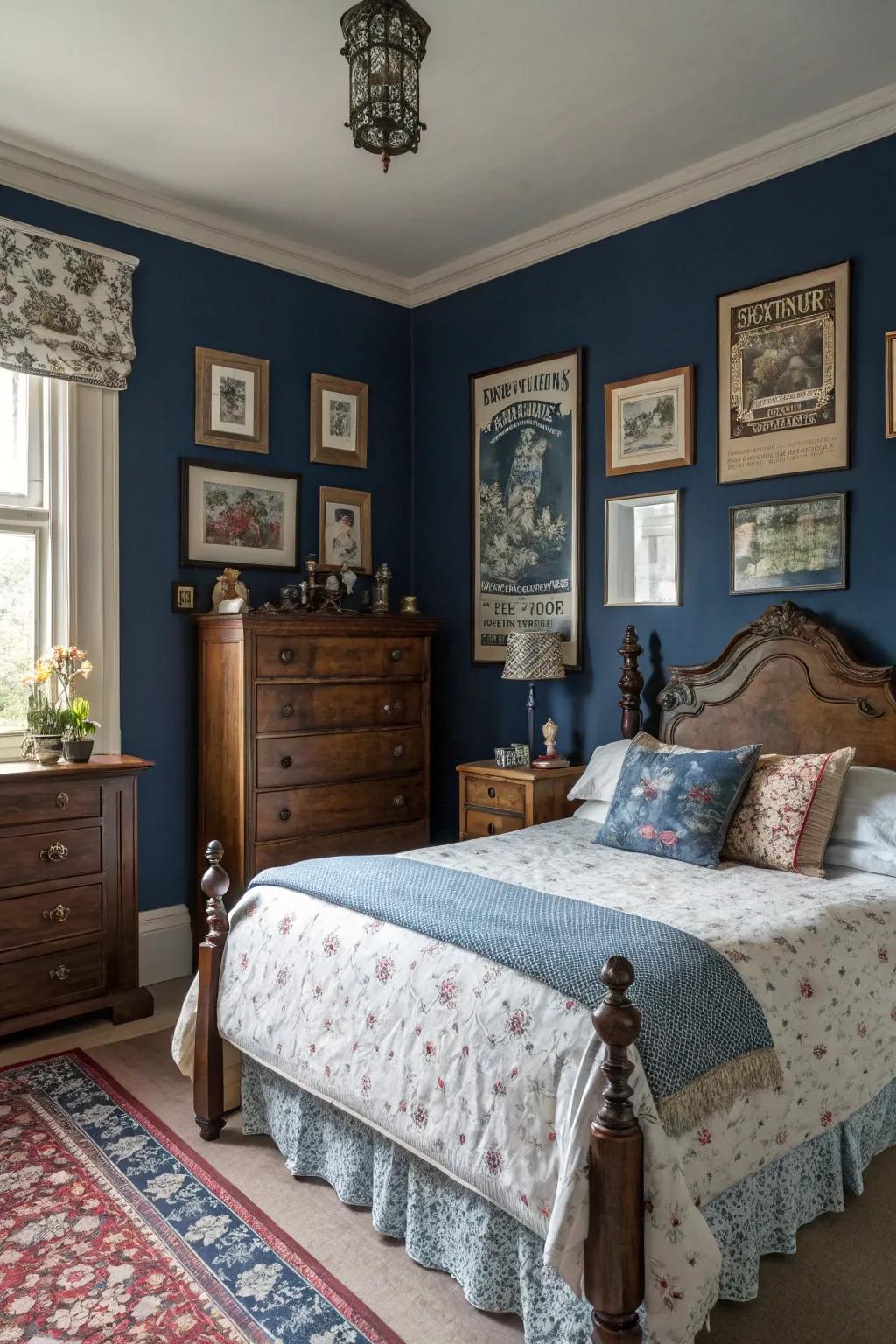 Vintage décor appends character and nostalgic allure to rooms dominated by indigo.