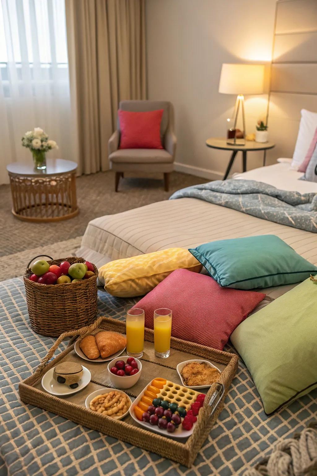 An indoor picnic provides a snug and amorous vibe.