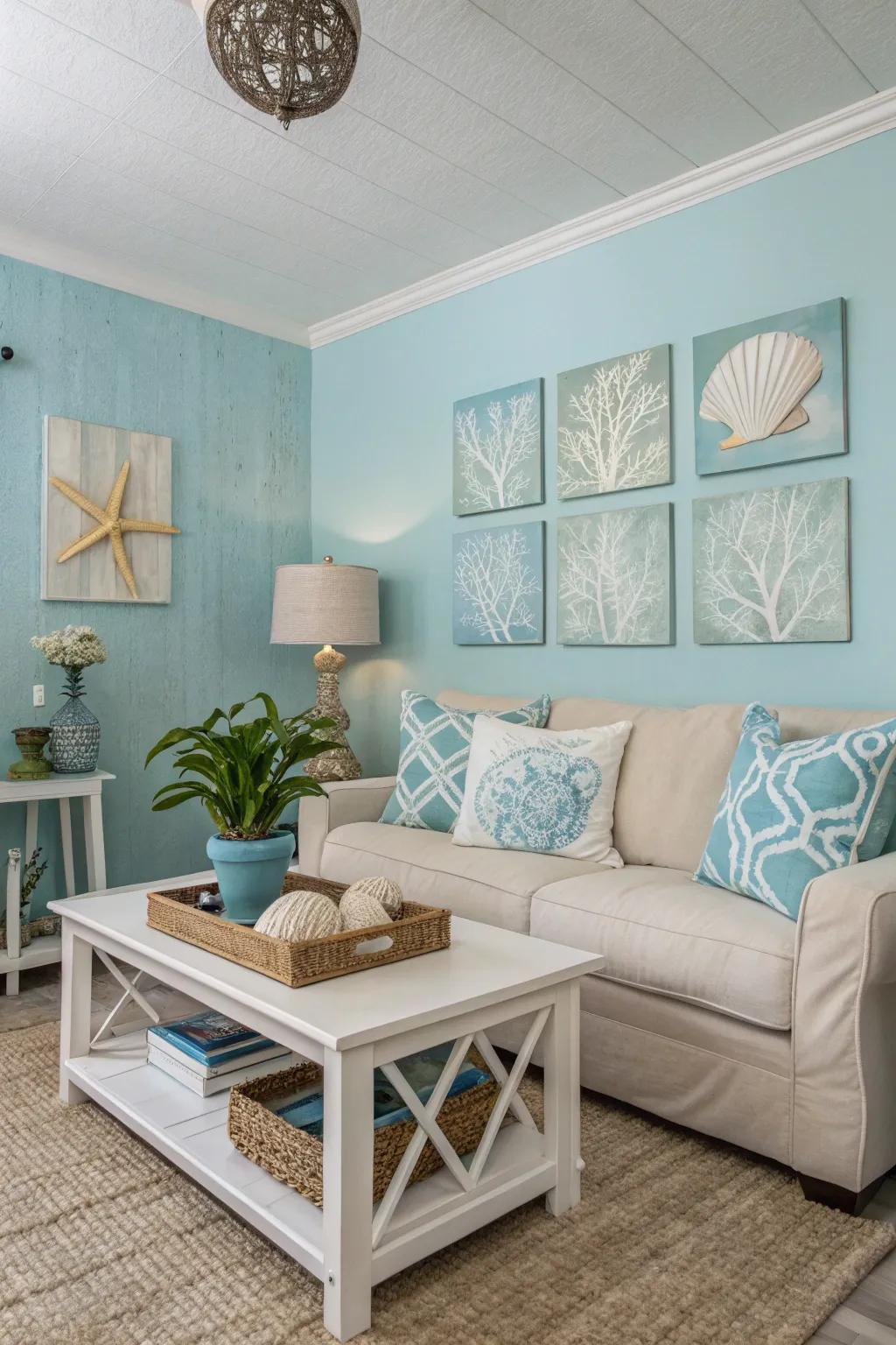 Obscured blues evoke a soothing and waterside feel.