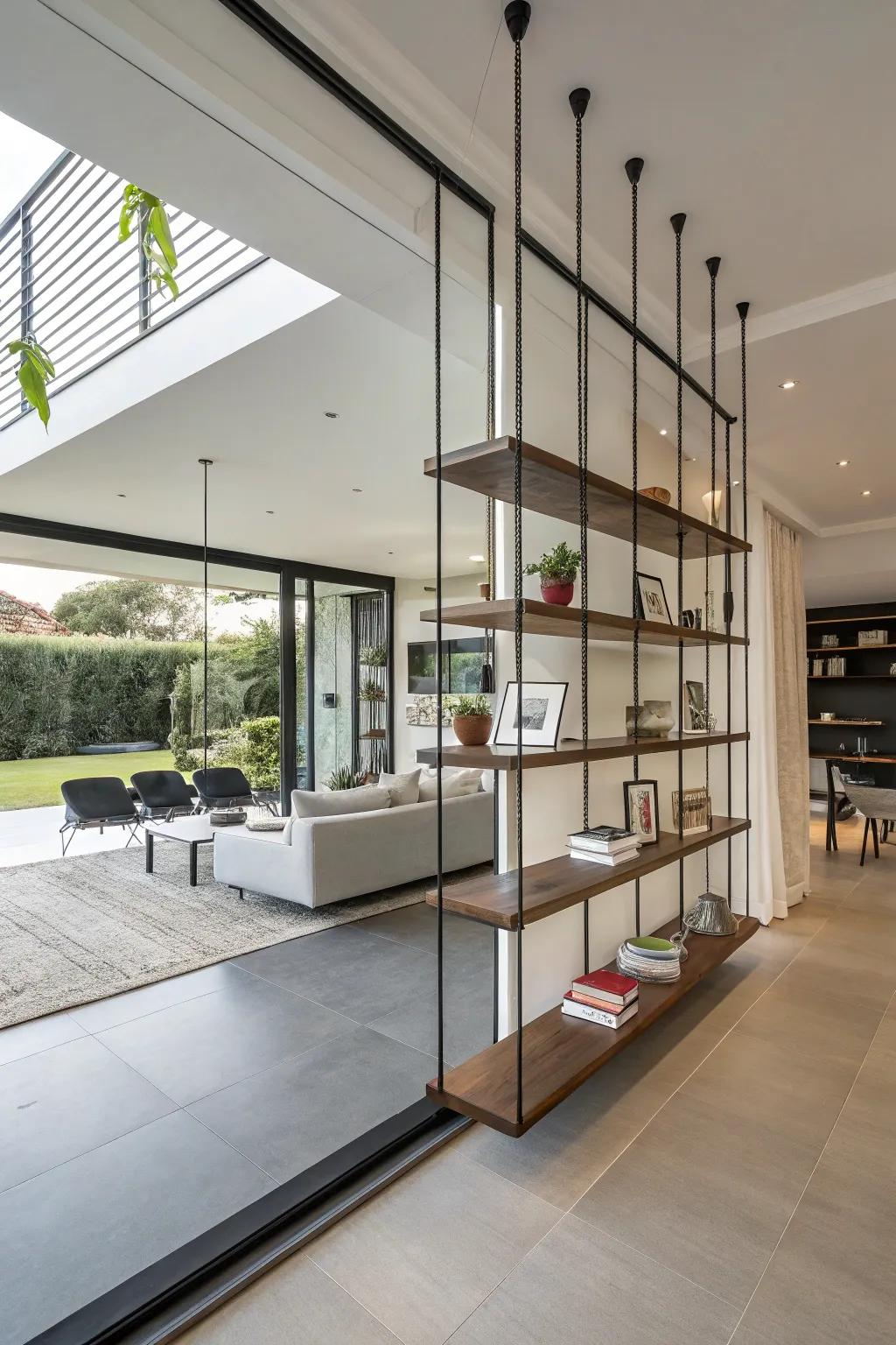 Suspended shelves offer division and storage without cluttering the floor.