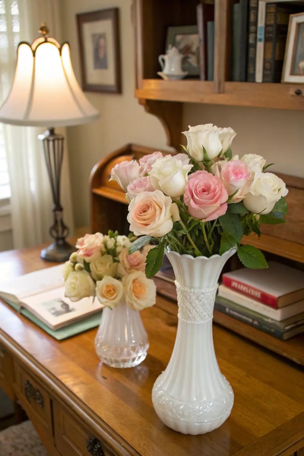 Nostalgic and charming through aged milk glass vases.