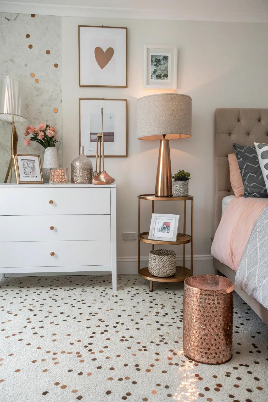 Terrazzo elements and rose gold accents intertwine, bestowing a twist of modern elegance.