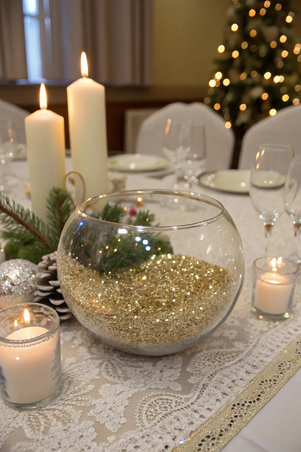 Glitter within a glass vessel introduces a glamorous and celebratory sparkle.