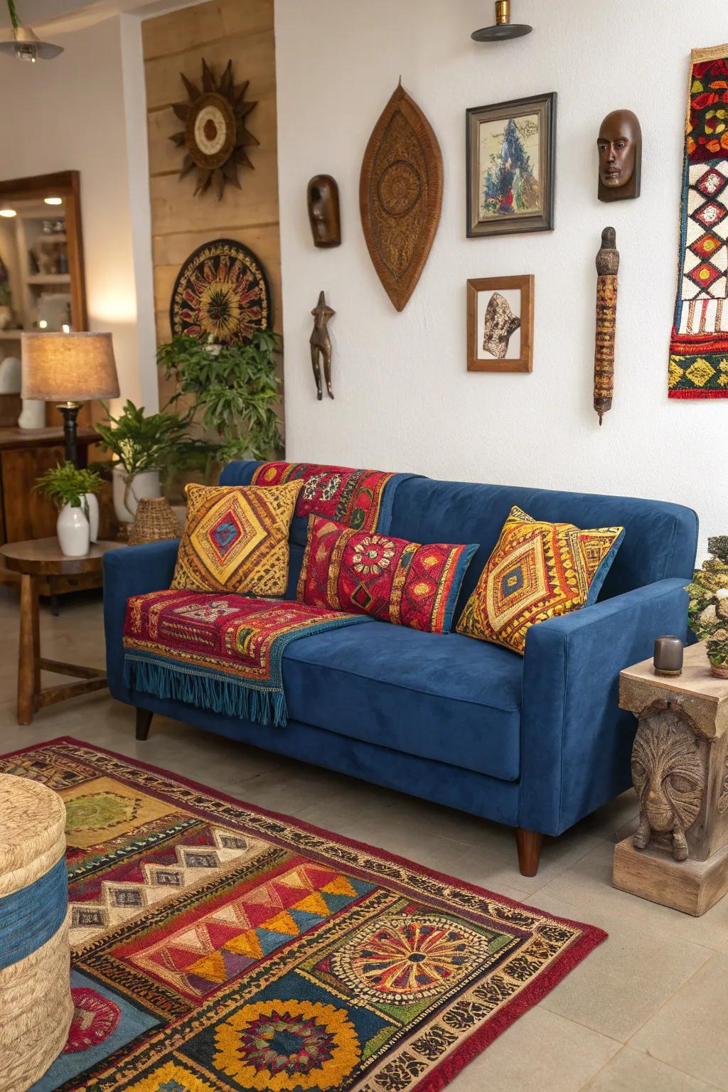 Cultural elements enhance the sapphire settee with a rich narrative and visual intrigue.