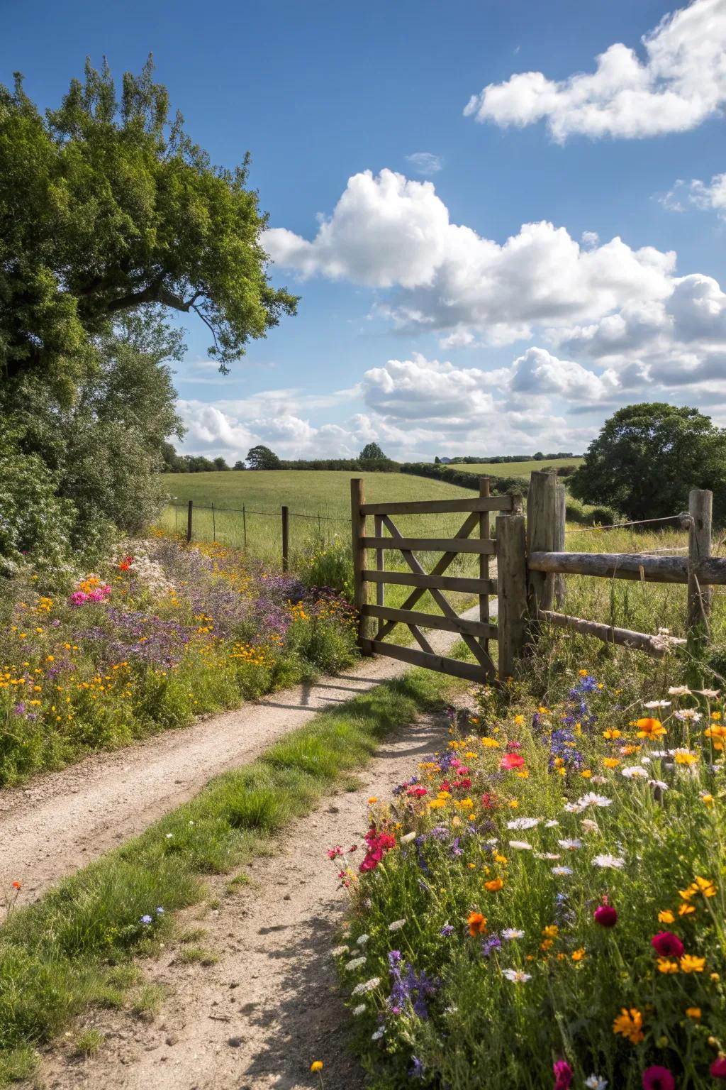 A rural portal framed by a vibrant wildflower margin.