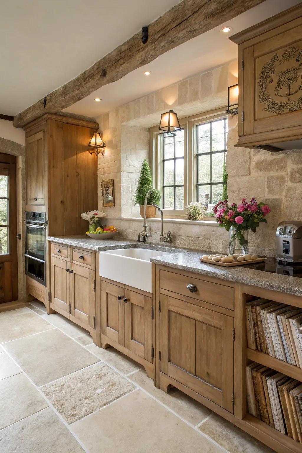 Limestone floors offer refinement with a rustic accent.