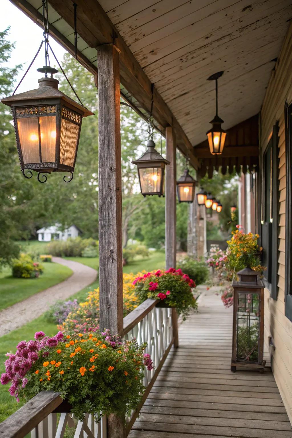 Lanterns and fresh blossoms create an alluring and romantic centerpiece.
