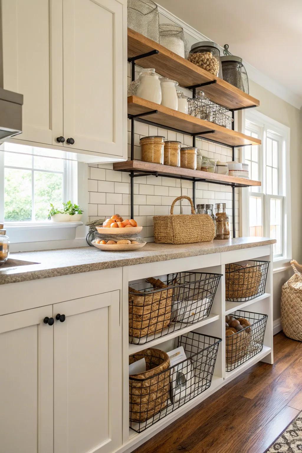 Metal mesh storage delivers practical storage with a farmhouse flair.