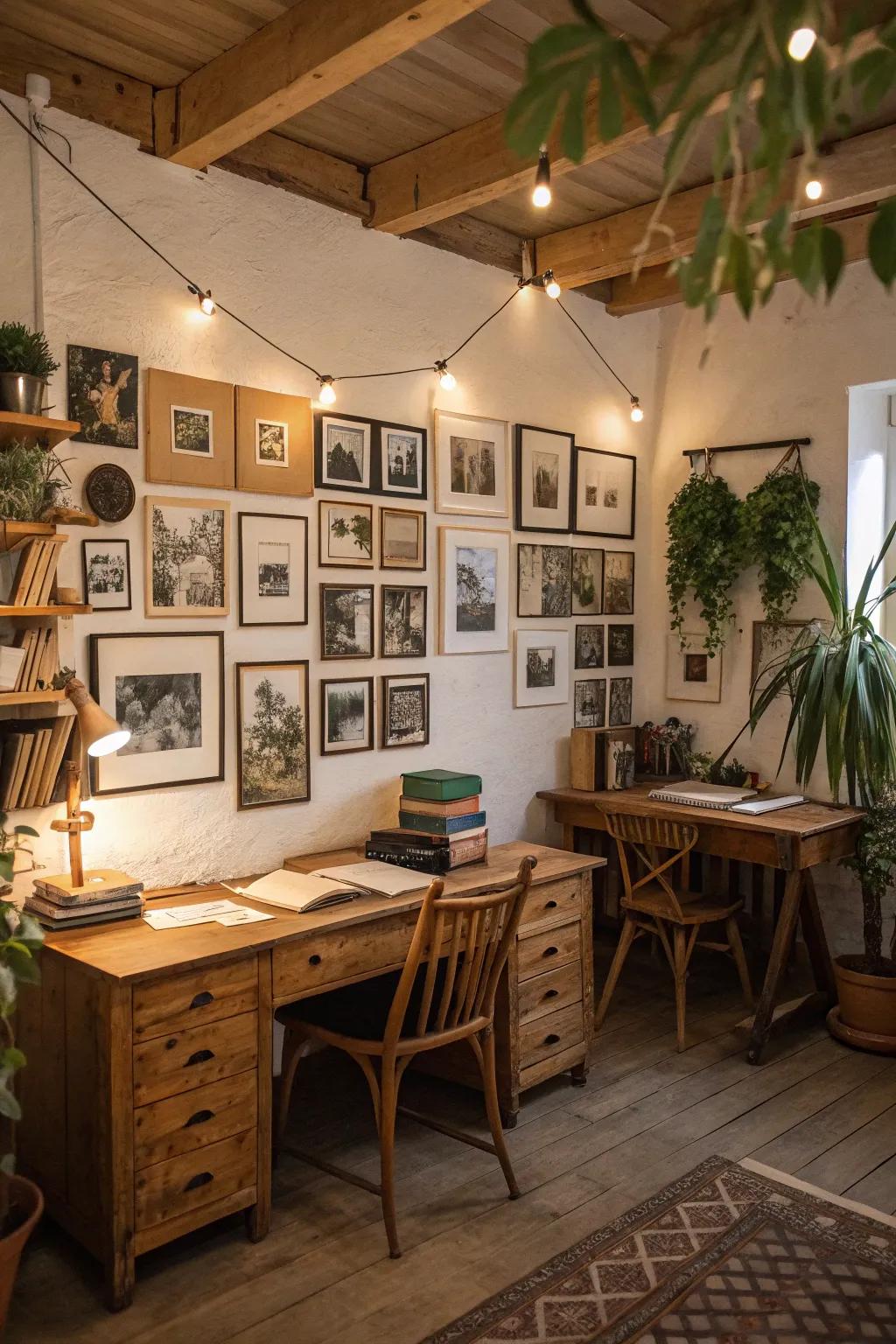 A gallery wall adds a personal touch to a country-style office.