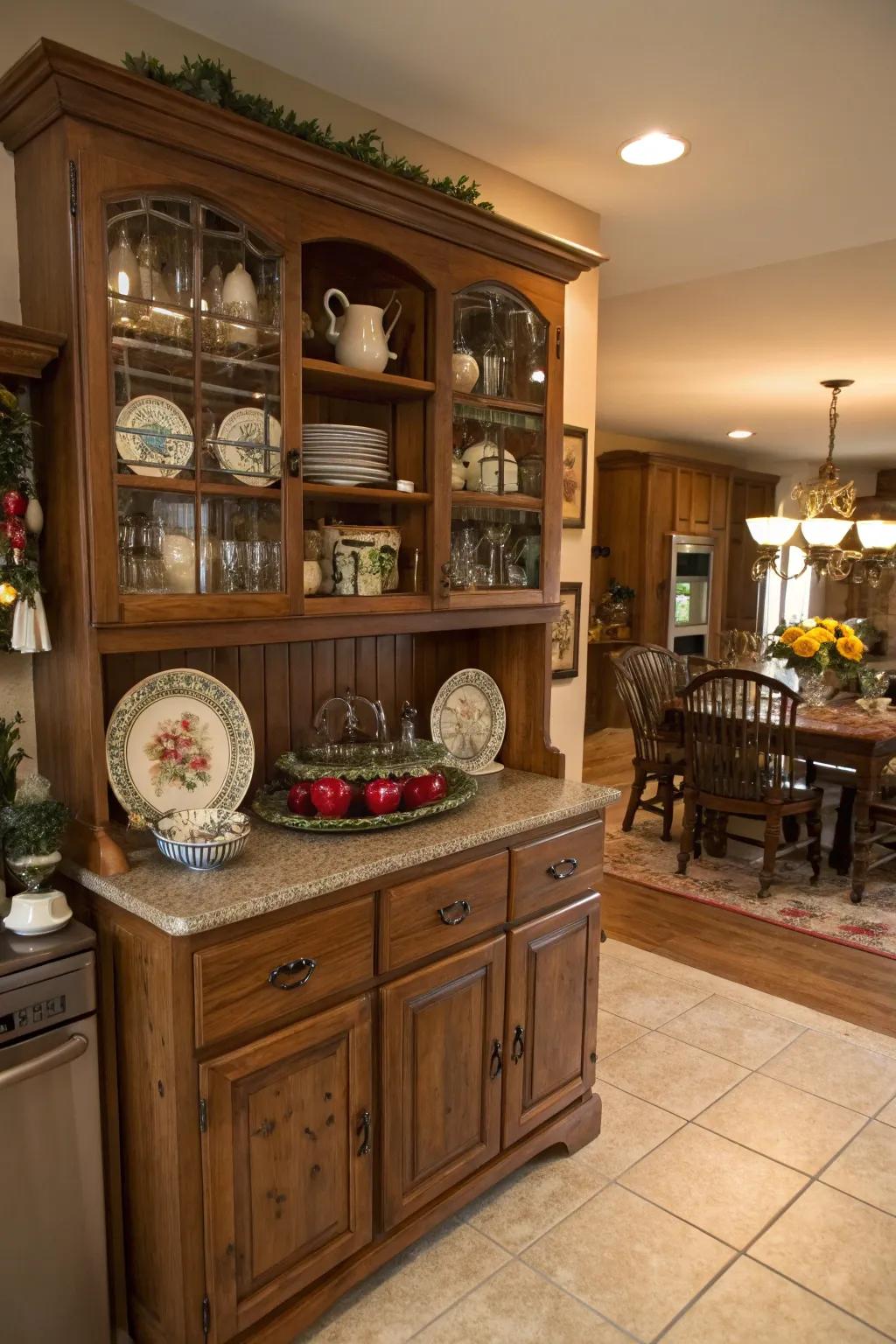An antique hutch provides storage and style in a rustic kitchen.