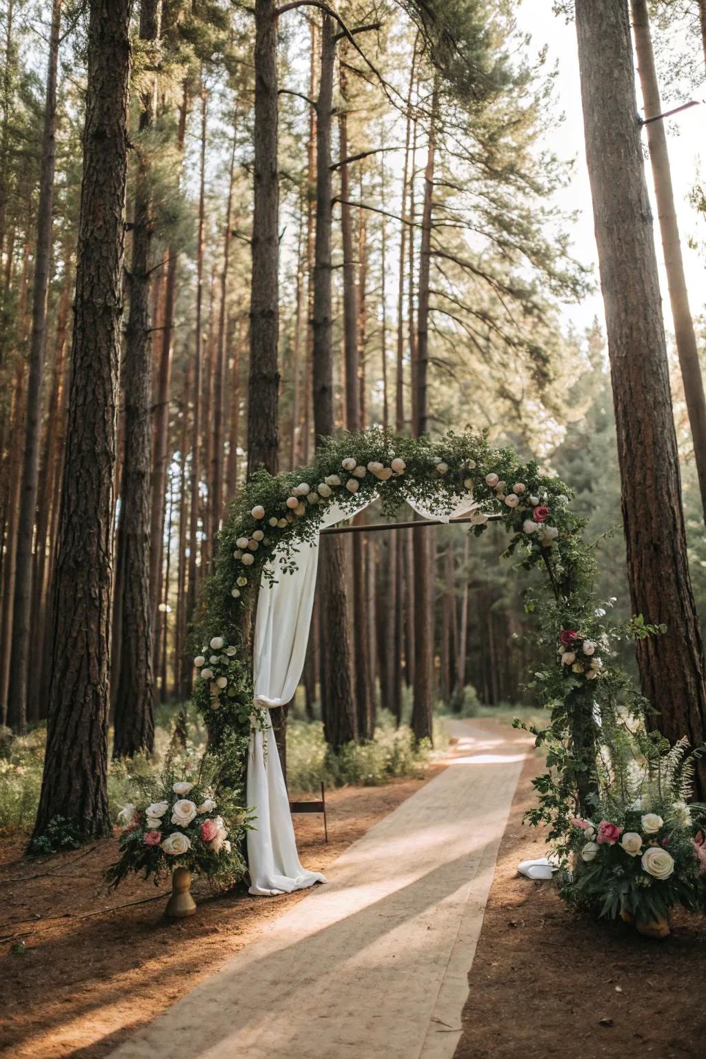 An arch framed by nature, seamlessly blending into the woodland vista.