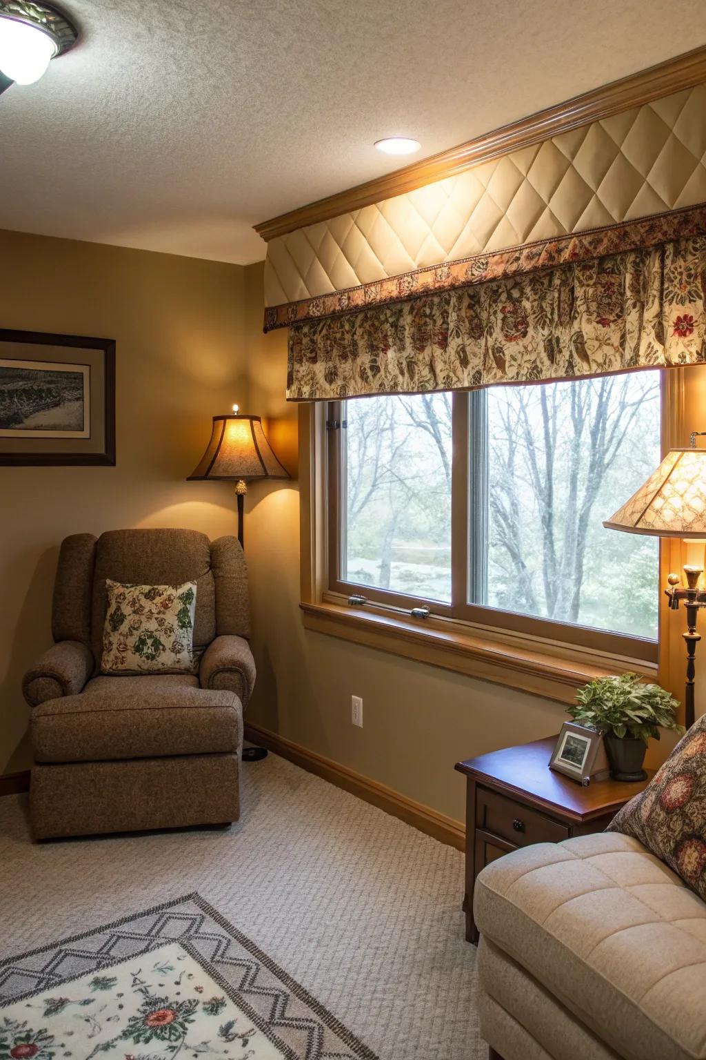 A welcoming den showcasing an overstuffed valance that incorporates warmth and comfort.