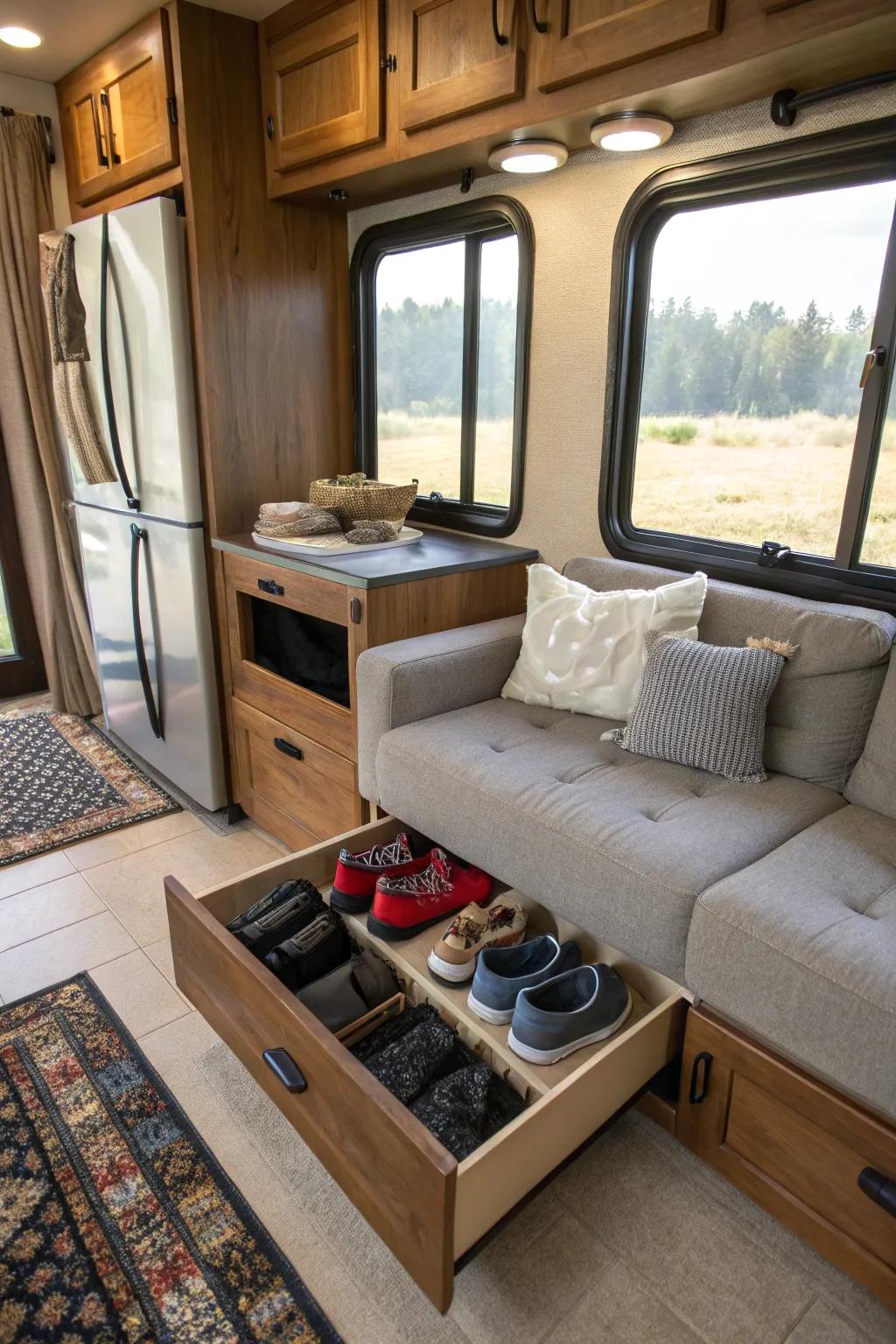 Glide away clutter using beneath-furniture boot trays.