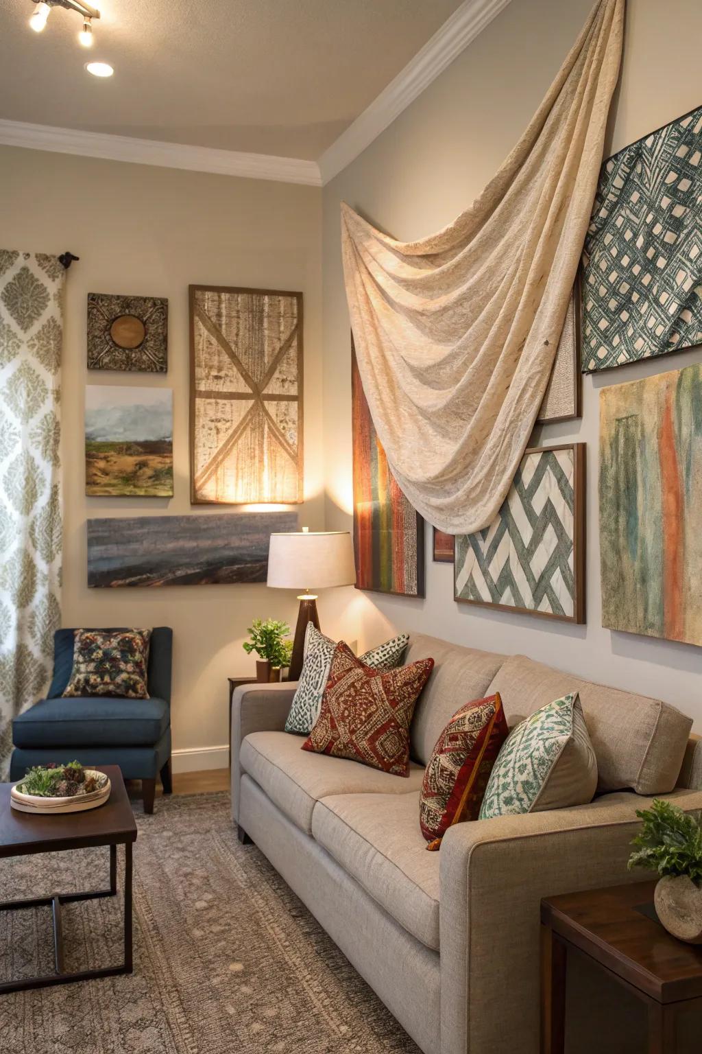 A lounge decorated with stratified art that combines canvas and fabric