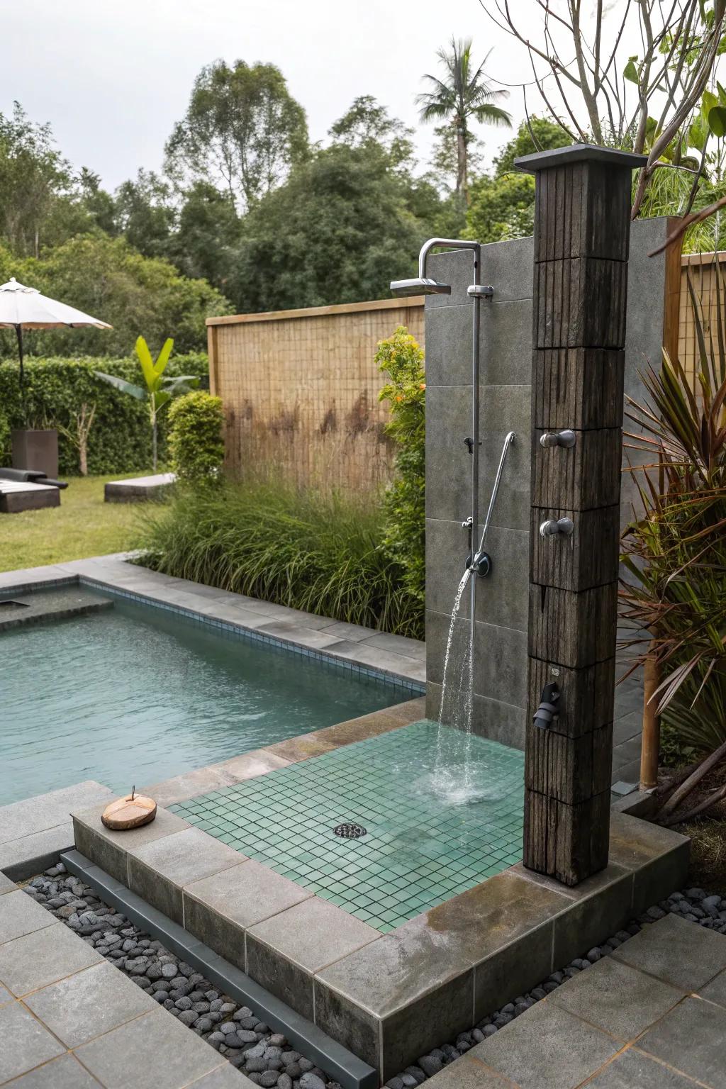 A partially submerged pool with a convenient and stylish outdoor shower.