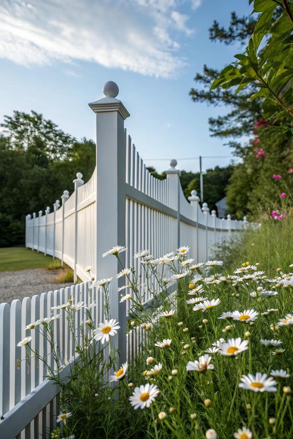 A modern rendition of the traditional picket border contributes charm and semi-privacy to this garden.