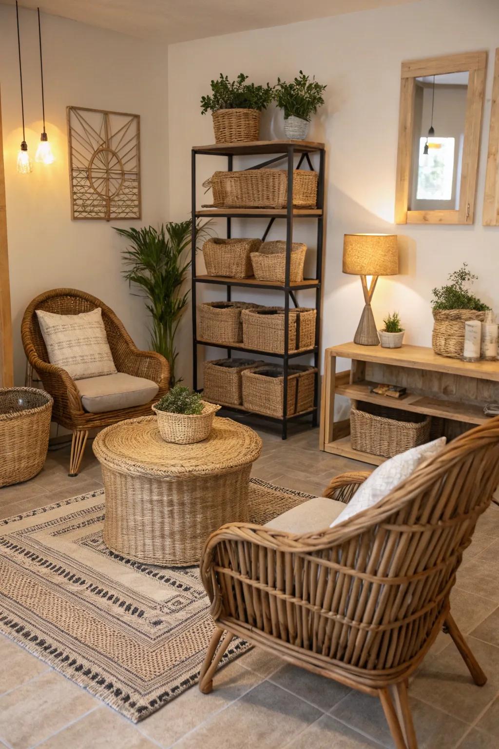 Woven cane accents enhance the organic charm of the space.