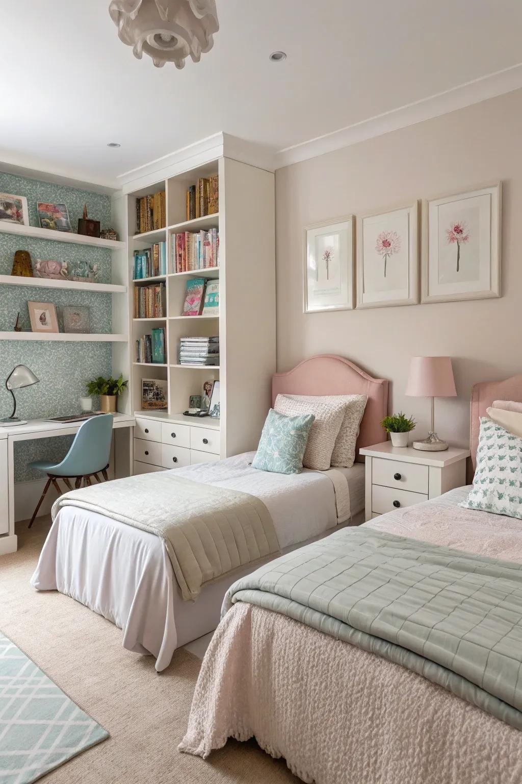 A tranquil hue spectrum cultivates a soothing atmosphere within this shared bedroom.