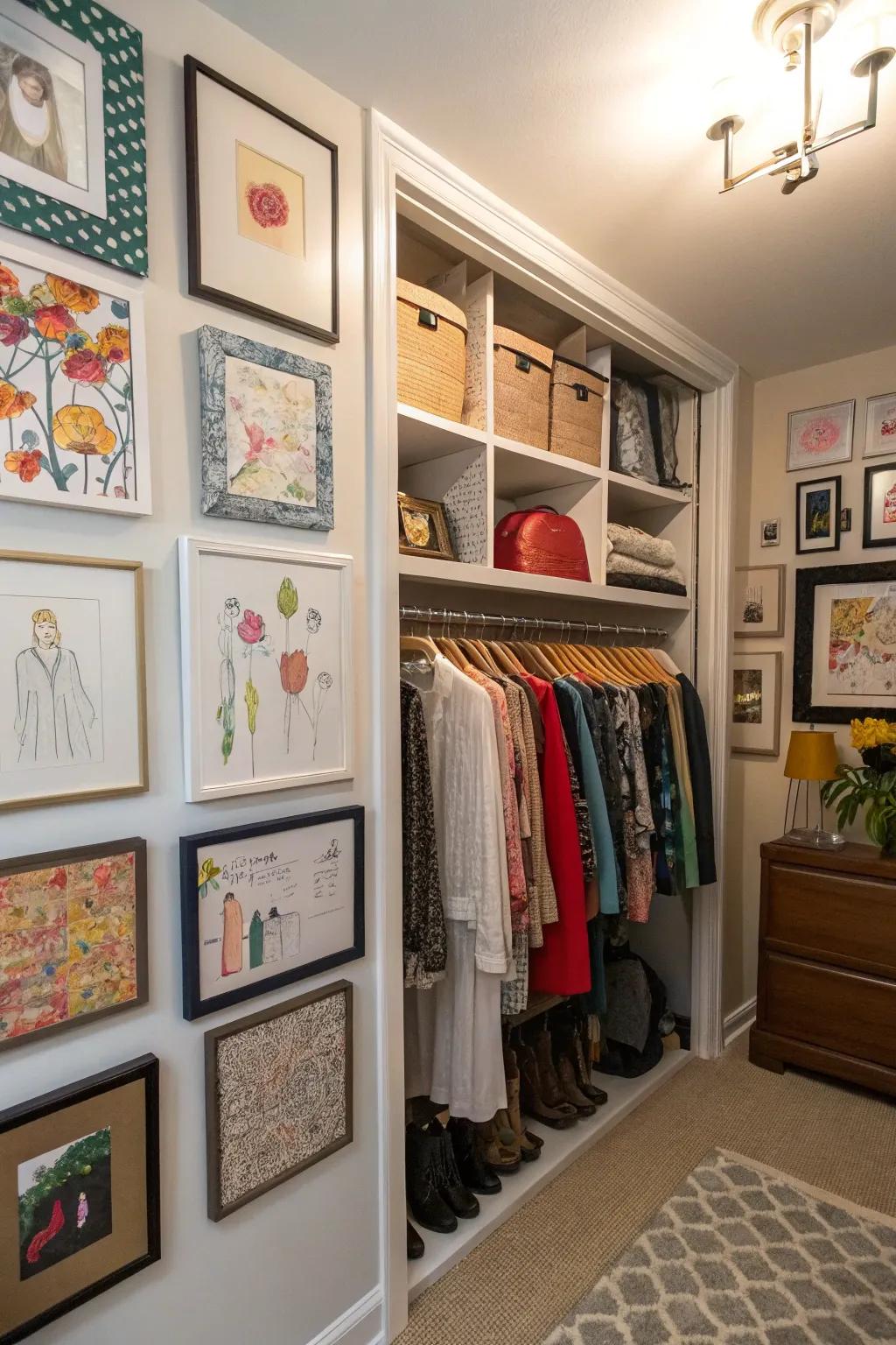 A closet showcasing art pieces that transform it into a personal exhibit.
