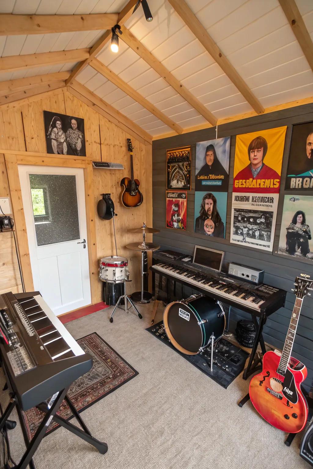 A converted shed interior transformed into an acoustic studio for creative expression.