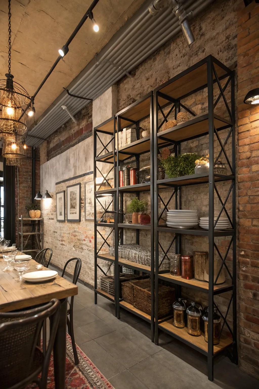 Alloy shelving transports an earthen industrial vibe to the dining room.