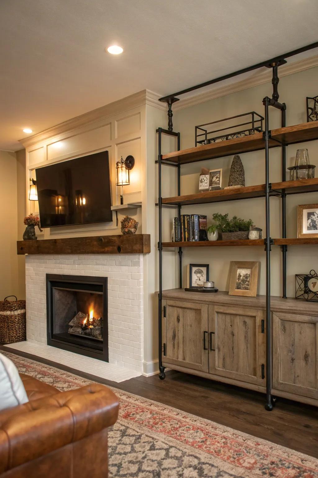 An industrial appeal with metal shelving creates a rugged style.