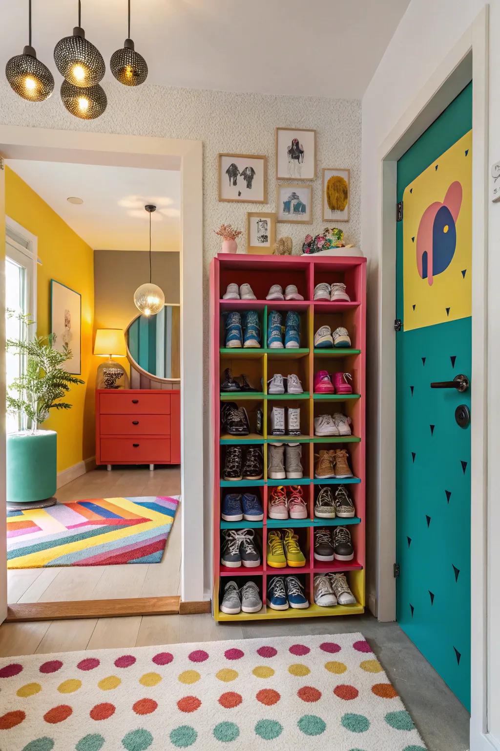 A colorful footwear cabinet contributing personality to the hallway.
