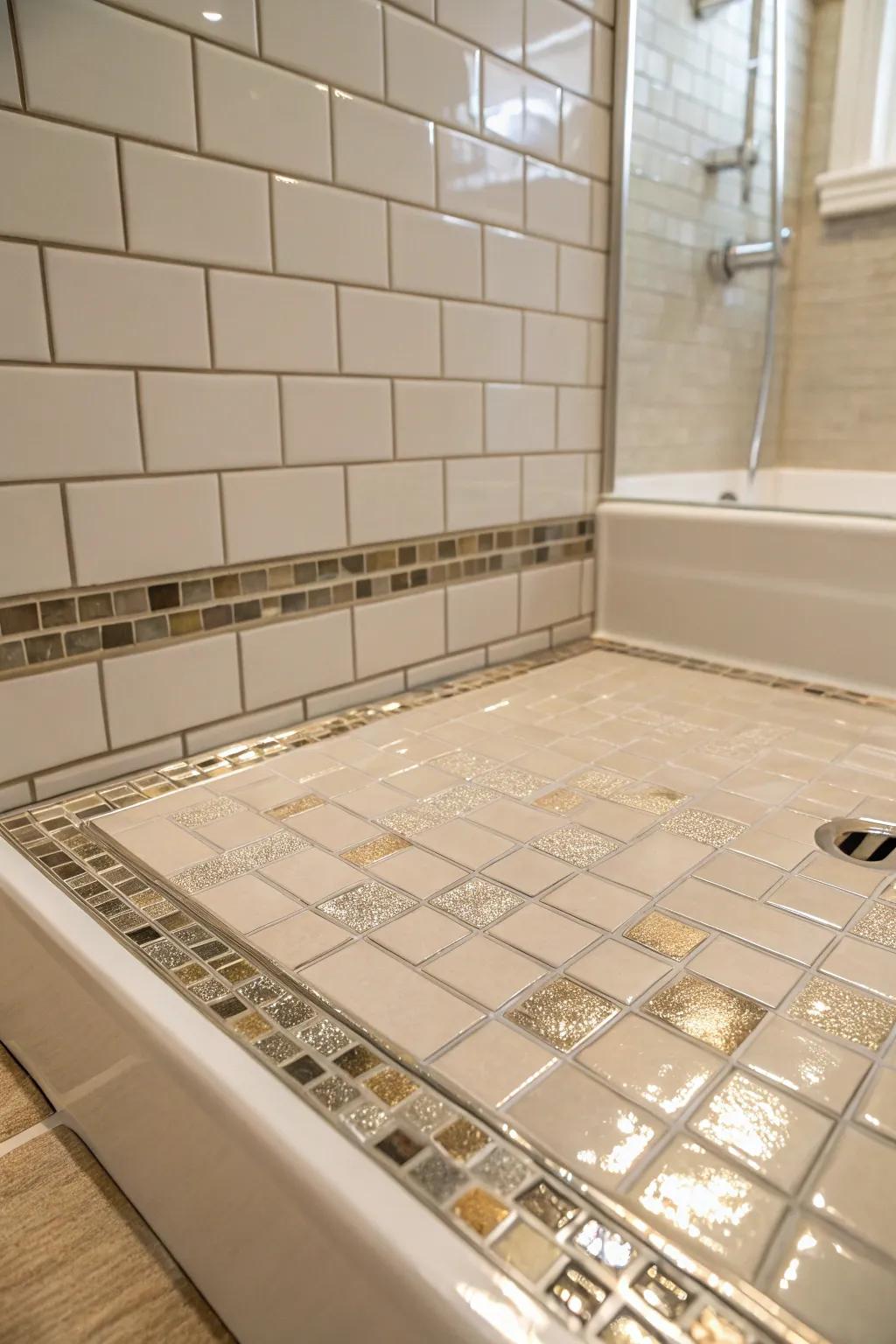 Low-key metal touches on tiles add a hint of glamour and beauty to this shower space.