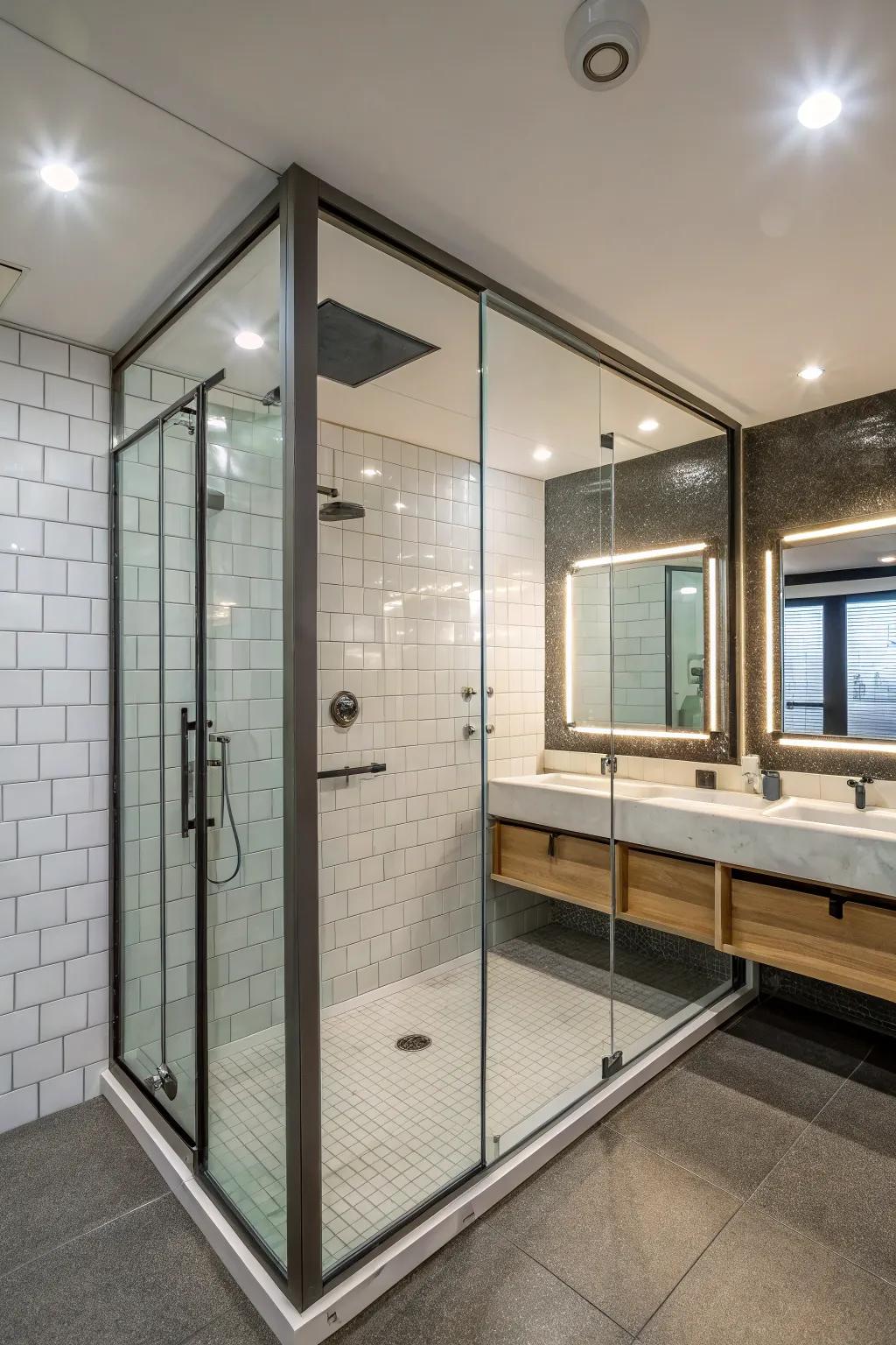 Mirrors amplifying the illumination and space within the shower vicinity.
