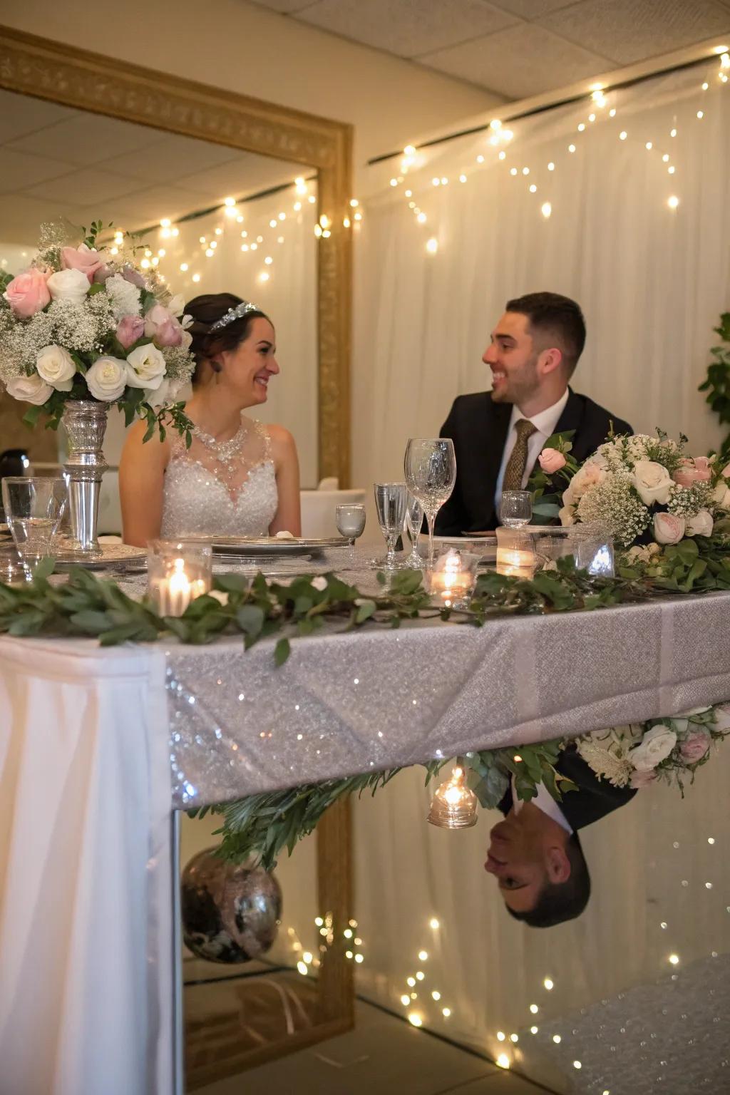 A bride and groom table featuring a chic mirrored table path.