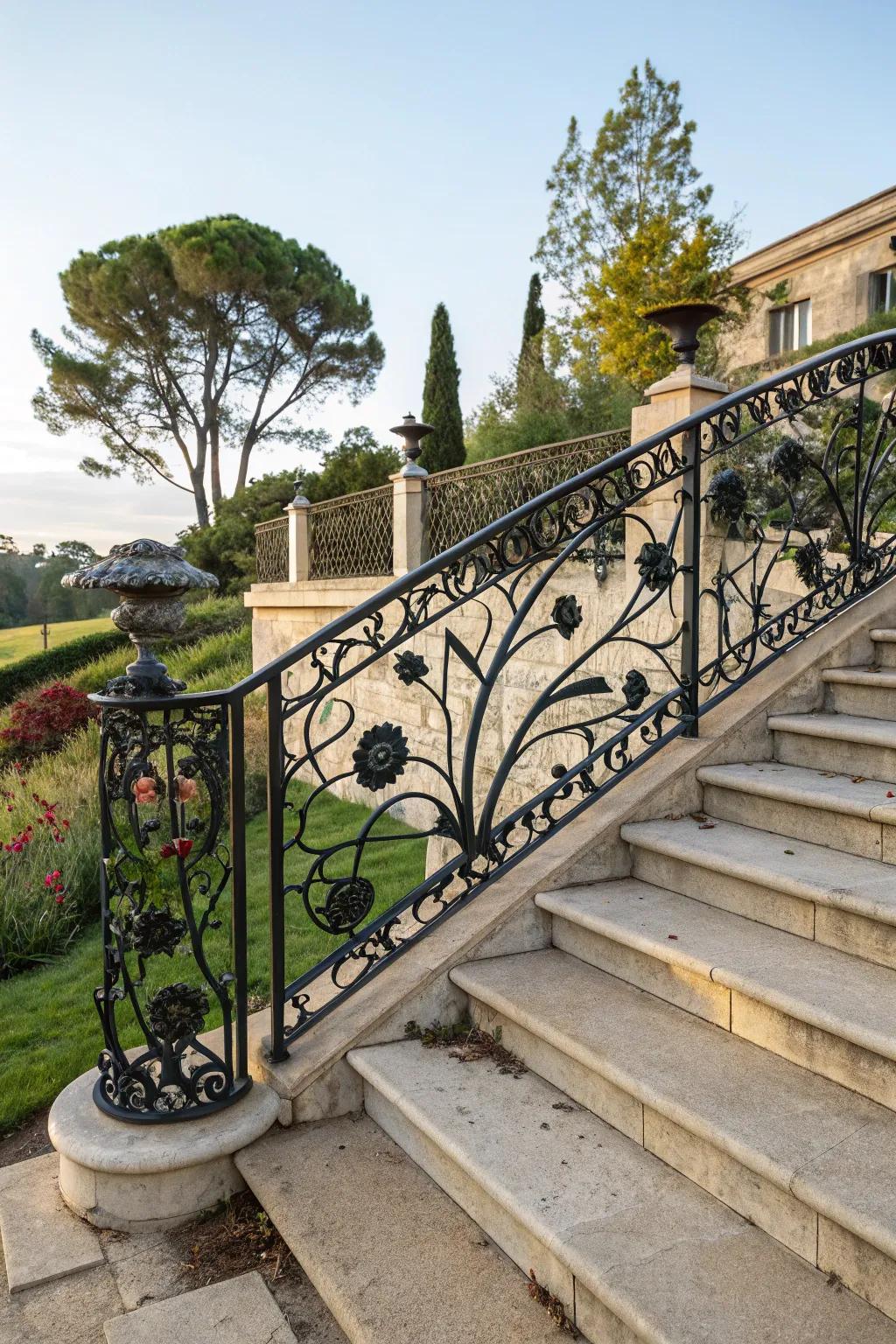 Artistic iron labor transmutes handrails into stunning pieces of art.