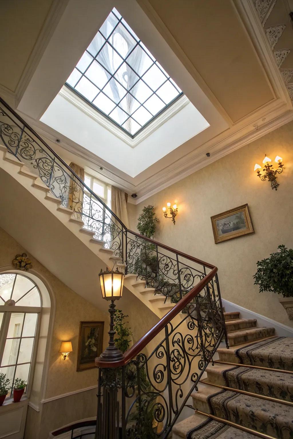A stairwell attractively illuminated via a skylight.