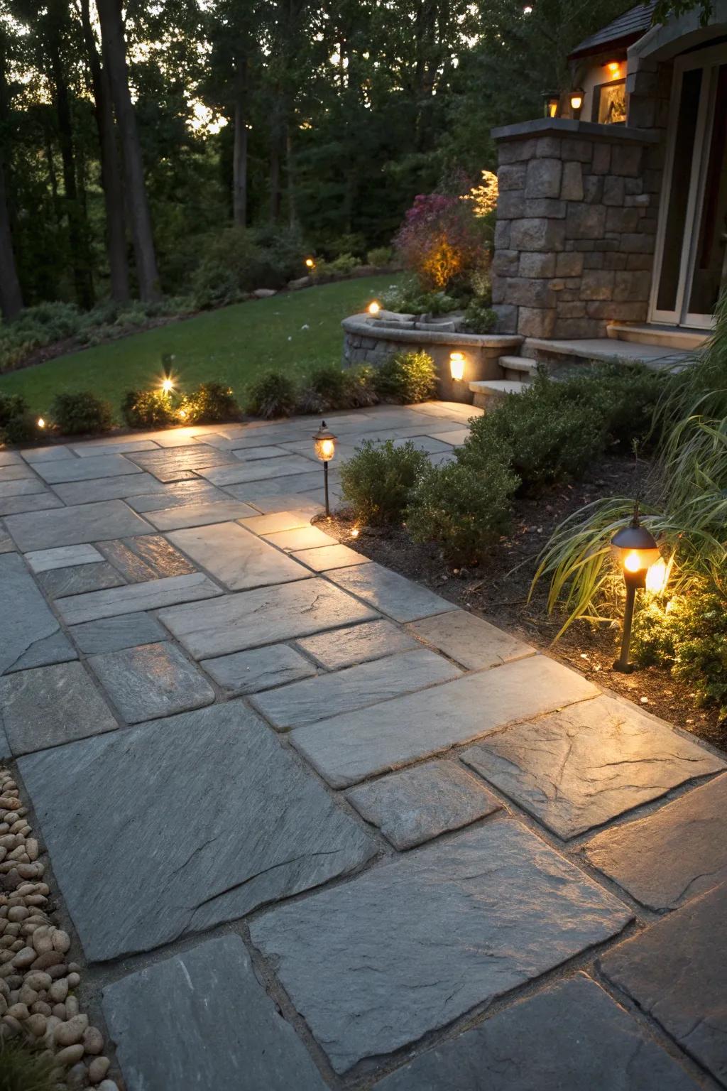 A slate patio with hidden lighting creating an enchanting evening ambiance.
