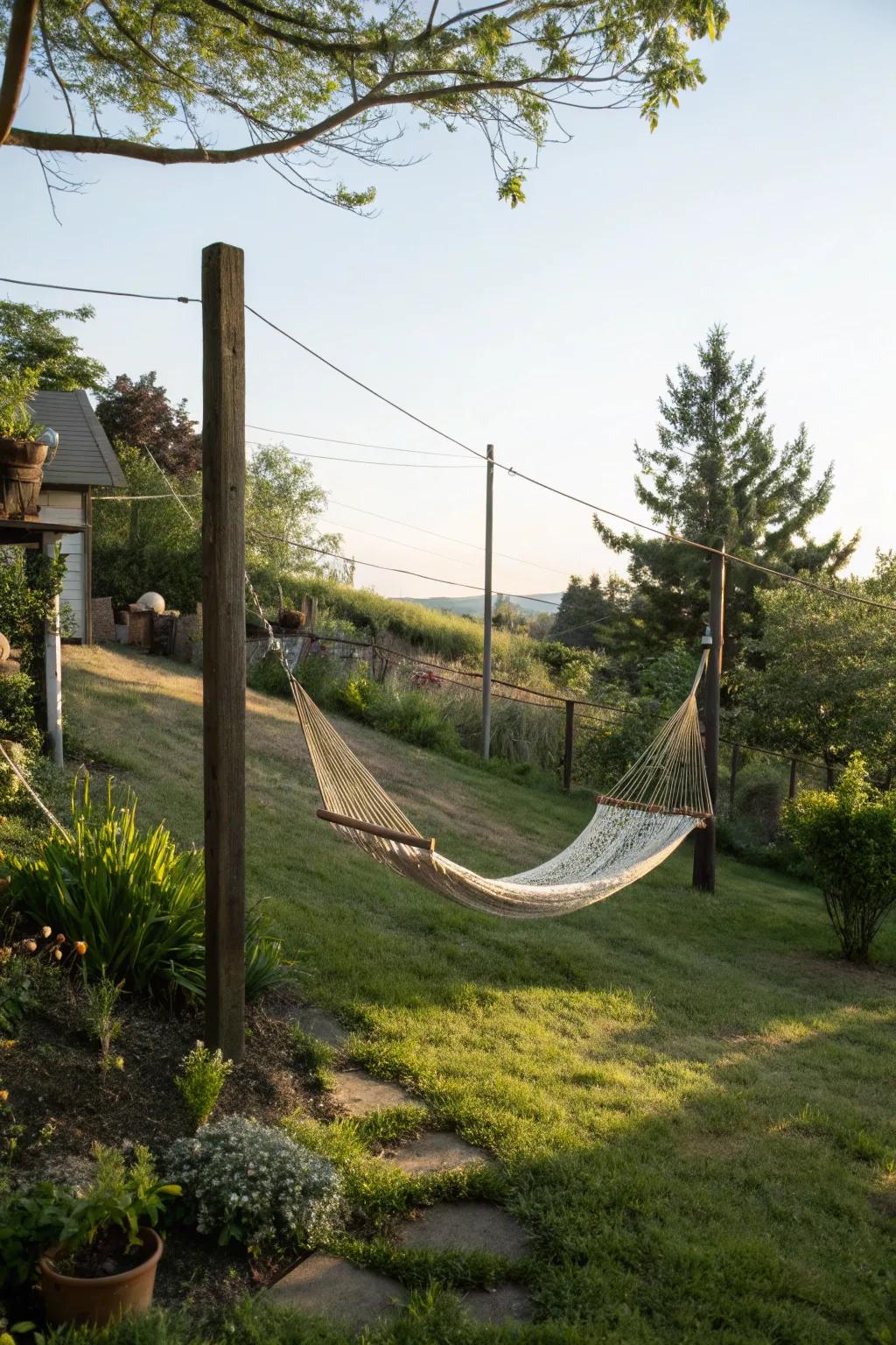 A hammock adds a hint of leisure to your inclined garden space.