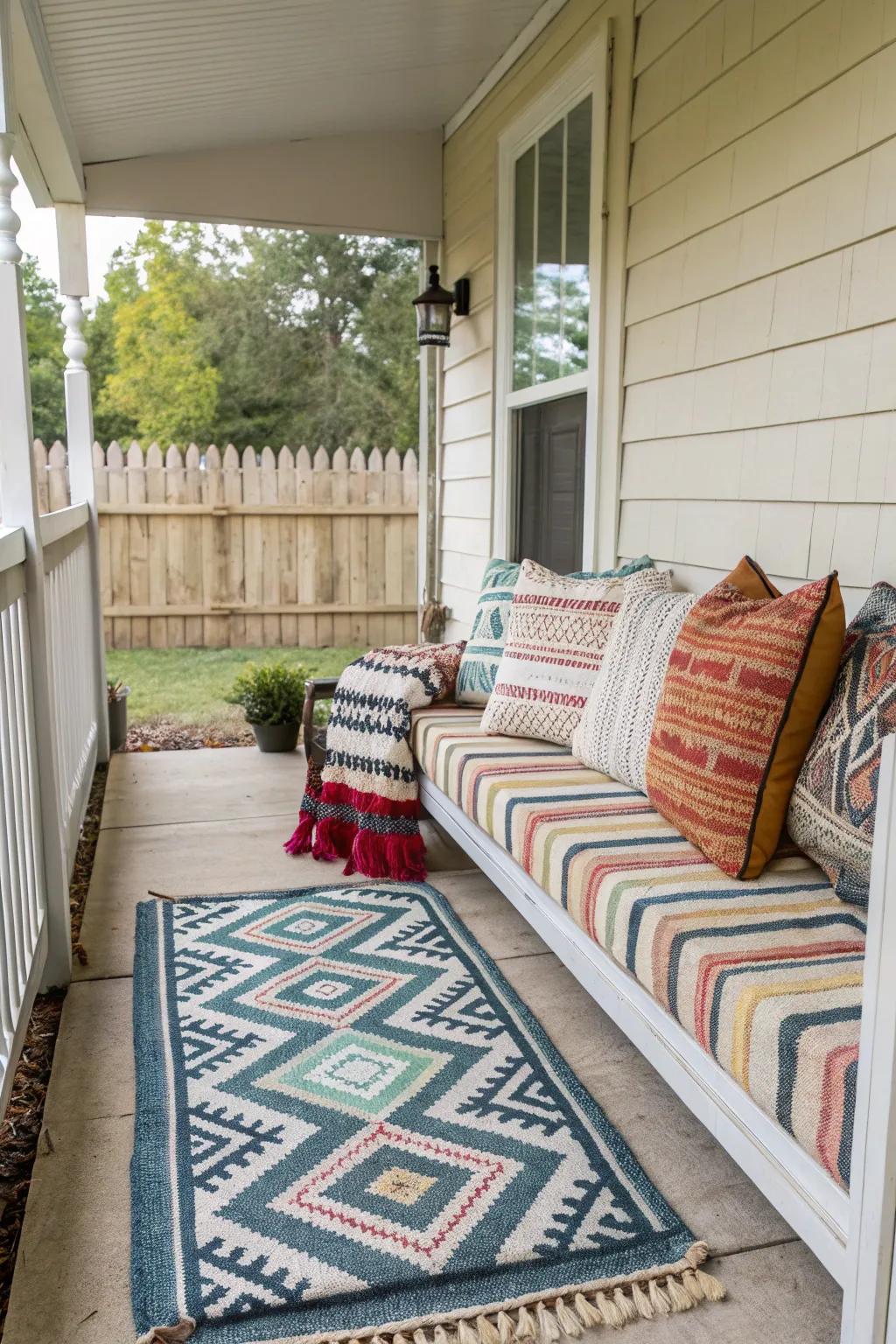 Patterned textiles introduce visual interest to a modest veranda.