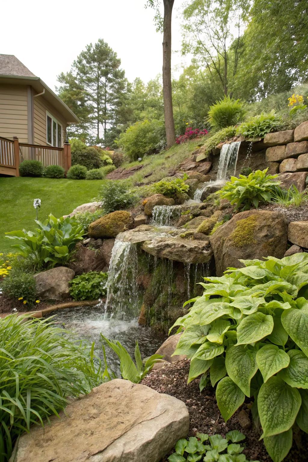 A hillside waterfall accentuates the inherent splendor of your garden.