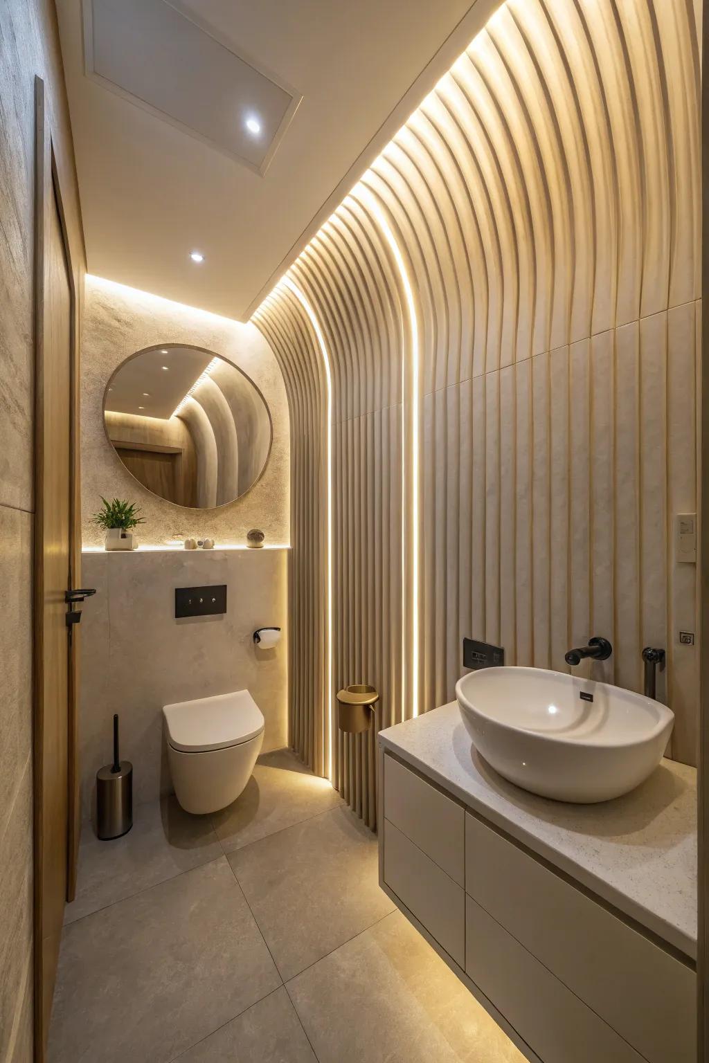 Bended panels are featured in a compact bathroom, delivering a soft and exquisite design.