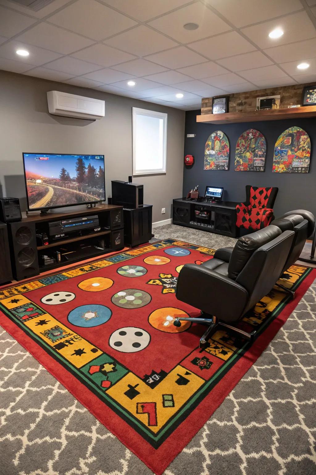 Themed rugs incorporate a consistent element into your gaming room.