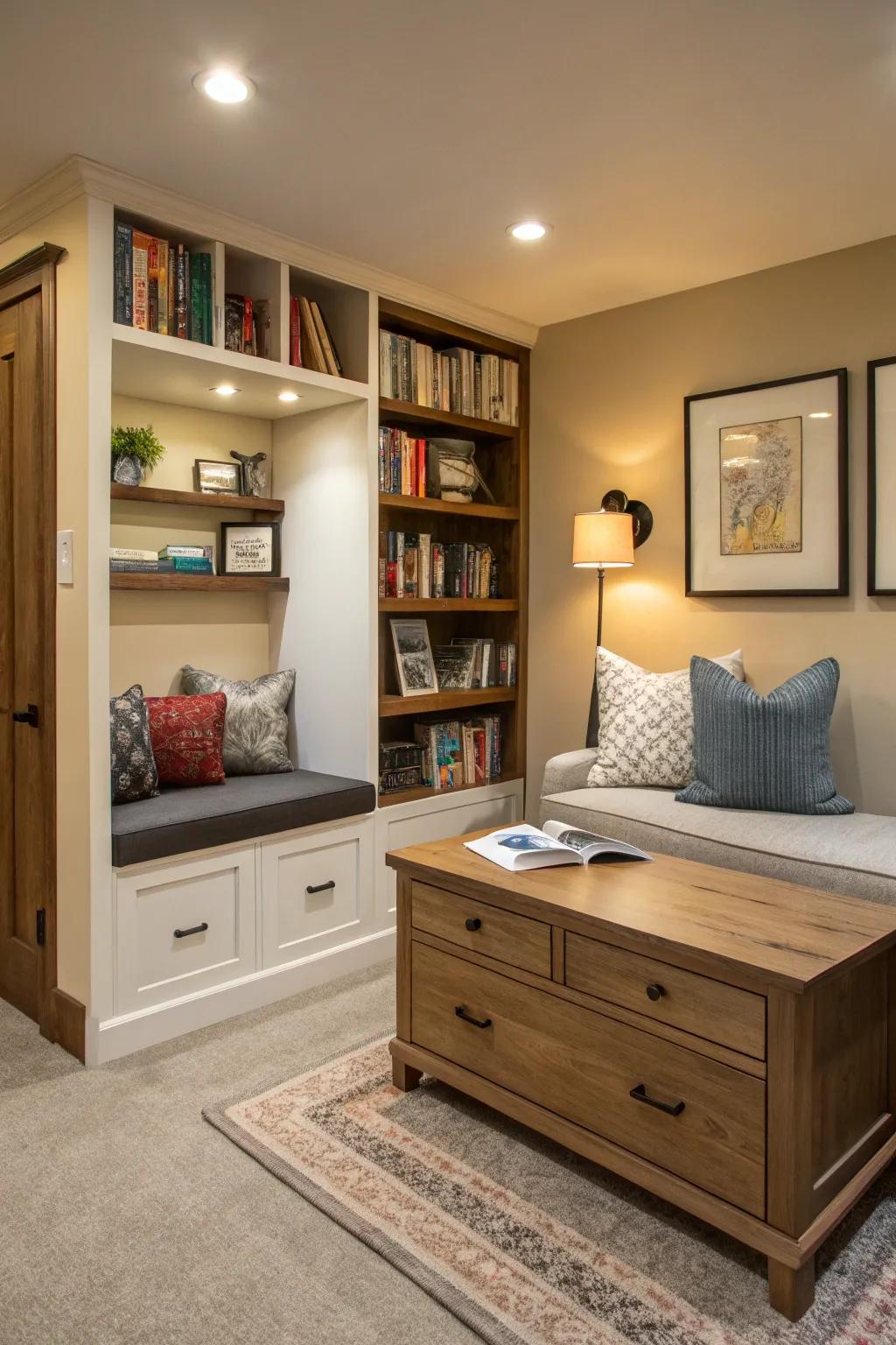 Concealed storage helps maintain a clutter-free and organized den.
