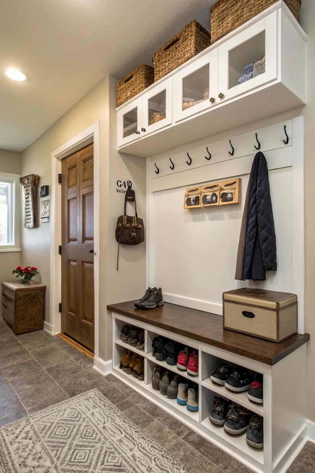 Built-in nooks provide elegant shoe storage.